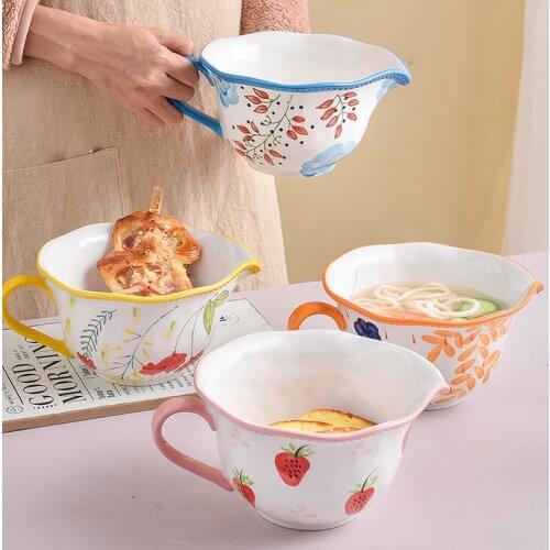 Handle Large Capacity Ceramic Egg Beater Stir Bowl Hand-painted Floral Household Salad Pasta Tableware Sharp Spout
