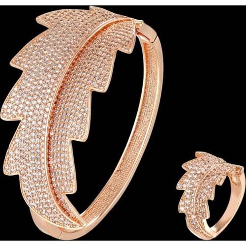 Zlxgirl jewelry big women size full micro pave setting leafs shape zircon loves bangle with ring set classic bracelet