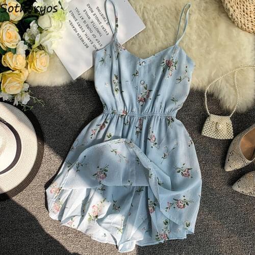 Rompers Women Summer Floral Printed V-neck Spaghetti Style Sexy Playsuits Elastic Waist Daily Streetwear Chic Retro Beach Style