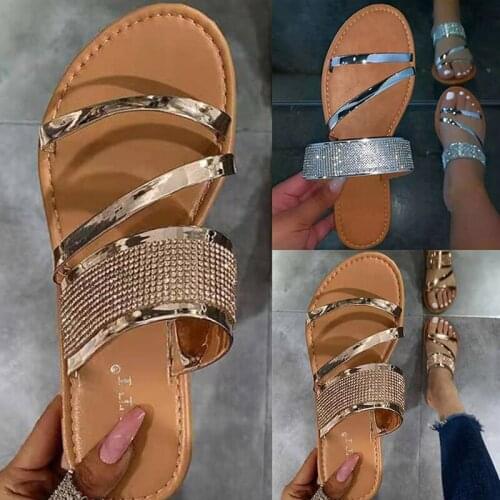 Women Summer Slippers Flats Shoes Woman Sexy Sandals Gold Bar Shiny Pu Plus Size Open Toe Sandalias Mujer Sapato Feminino