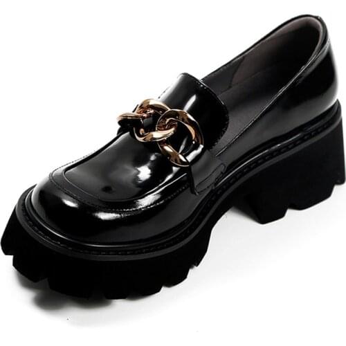 MORDOAN Genuine Cow Leather Square Toe Chain Decoration 2021 Autumn Mid-Heel Patent Leather Loafers For Women Platform Shoes