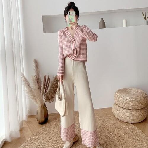 Vintage Lattice V-neck Knitted Sweater Cardigan Tops + Loose Pants Two-Piece Set Female Autumn New Knitting Trousers Suit