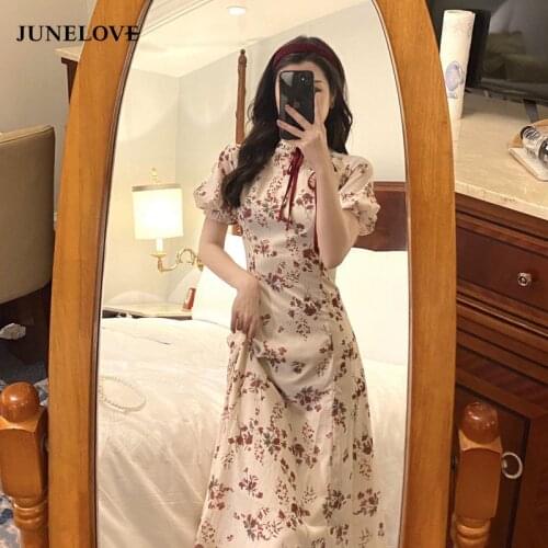 JuneLove 2021 Summer Elegant Vintage Dresses Women Floral Slim French Casual Fit Chic Dress Puff Sleeve A-line Party Dresses