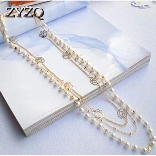 ZYZQ Classic Simulated Pearl Sweater Necklaces For Women Fashion Serveral Layered Rose Flower Accessories Jewel Necklaces HOt