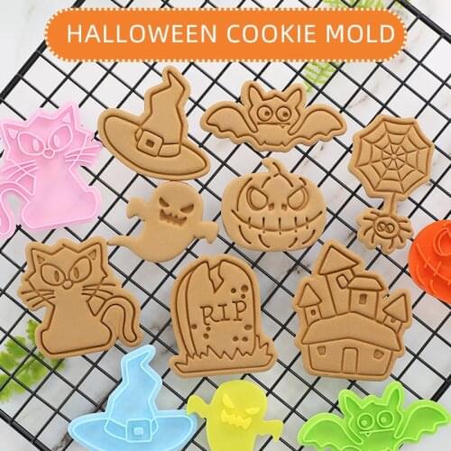 1Pcs Halloween Cookie Plunger Cutters Fondant Cake Mold Biscuit Sugar Craft Cake Decorating Baking Tool 3D Cartoon Biscuit Mould