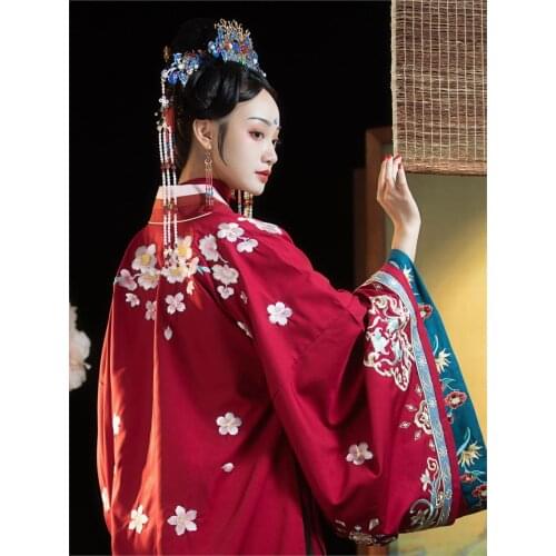 2021 women fairy hanfu traditional chinese clothing festival outfit embroidery ancient folk stage embroidery long hanfu coat