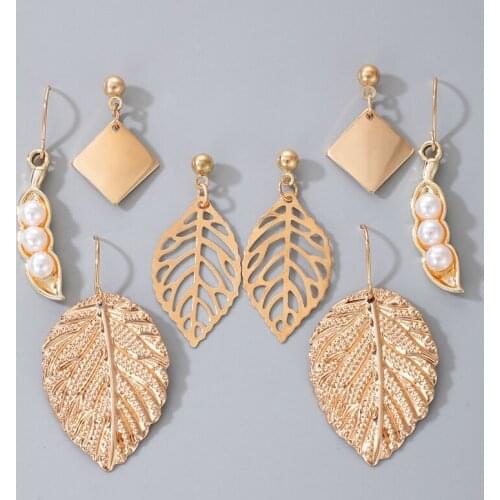 Tocona 4pair/sets Bohemain Leaf Drop Earring Sets for Women Luxury Pearl Stone Hollow Geometric Party Jewelry Gift 15986