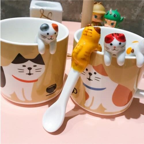 5PCS Novelty Gift Ceramic Cartoon Cute Cat Animal Spoon Hanging Coffee Dessert Spoon Unique Ice Cream Flatware Kitchen Tool