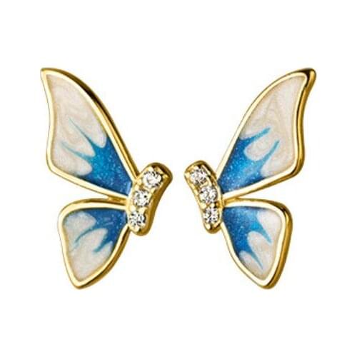 925 Sterling Silver Gold-Plated CZ Pave Butterfly Blue Stud Earrings A1166