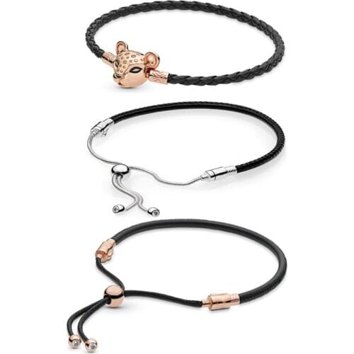 16-44cm Bracelet Black Leather With Rose Lioness Clasp Bracelet Fit Europe Bangle 925 Sterling Silver Charm Jewelry