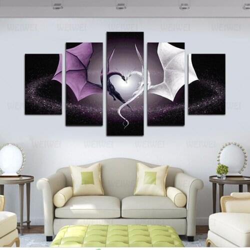 Decoration Pictures Vintage Home Decor 5 Panel Dragon Love Paintings On Canvas Wall Modular Pictures For Living Room HD Print