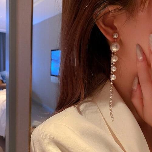 Long Dangle Earrings For Women 2021 Fashion Full Crystal Simulated Pearl Tassel Drop Earring Vintage Gold Brincos Jewelry