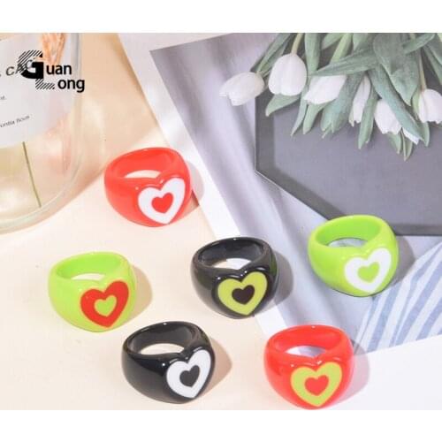 GuanLong Korea Fashion Vintage Simple Aesthetic Ring Resin Colorful Acrylic Heart Rings Set For Women Girls Jewelry Accessories