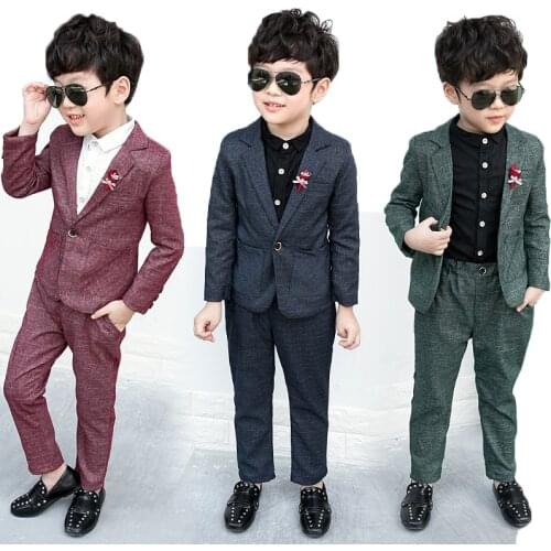 Childrens Formal Suit Sets Spring Autumn Flower Boy Wedding Performance Host Dress Costumes Kids Blazer Pants 2pcs Clothes Set