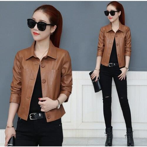 Leather Jacket Women Brown XXL Plus Size Short Slim PU Coat 2021 New Spring Autumn Korean Fashion Chic Moto Clothing s932