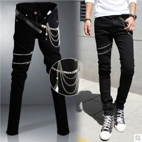 Personality Rivet Chain Belt Nightclue Wear Mens Denim Pants Punk Style Hole Ripped Full Length Slim Fit Male Pencil Trousers