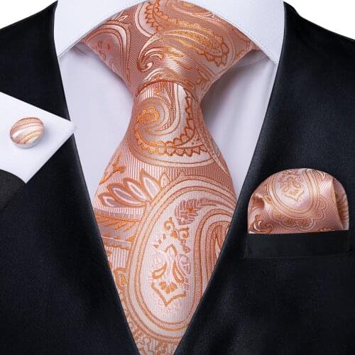 Men Necktie Orange Solid Paisley Silk Wedding Tie For Men DiBanGu New Designer Handky Cufflink Tie Set Fashion Business SJT-7245