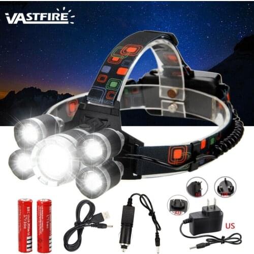 VASTFIRE Super Bright 5X XM-L T6 Headlight Rechargeable Led Headlamp Fishing Camping Hunting Torch+2*18650+Charger+USB Cable