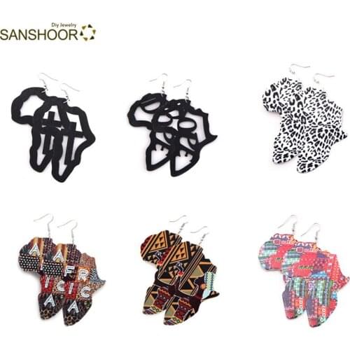 SANSHOOR New Mixed Printing Black African Map Natural Wooden Earrings 6Pairs