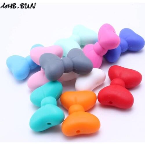 MHS.SUN 100% Food grade chewable bowknot silicone beads multicolor 28*21mm best baby teething bead loose for DIY nursing jewelry