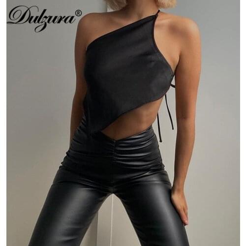 Dulzura Solid Satin Women Irregular Crop Top Lace Up Tanks One Shoulder Backless Bodycon Sexy Club Streetwear 2021 Summer