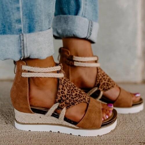 Leopard Print Slope Heel Splicing Women Sandal Summer 2021 Hemp Rope Woven Platform Shoes Open-toe Beach Lady Sandals Plus Size