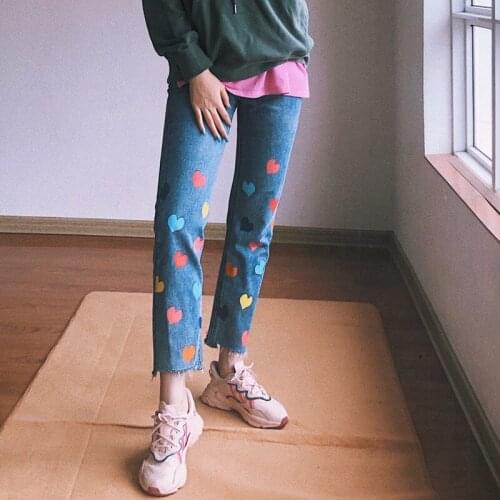 Women Fall Colorful Heart Print Jeans 90s Streetwear Blue Baggy Trousers Harajuku Mom High Waisted Denim Pants Vaqueros Mujer