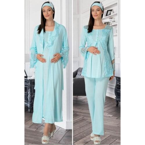 Womens Dressing Gown Postpartum Set Turquoise Color 3 Piece Set Hair Band is a Gift