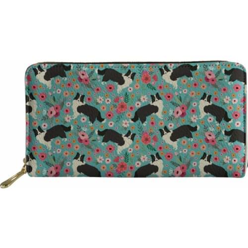 Noisydesigns Women Wallets Cartoon Border Collie Print Ladies Florals Pattern Organizer Wallet for Females Long Leather Purse