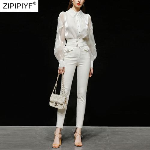 2021 Summer Runway Fashion Turn Down Neck Long Sleeve Lace Single-Breasted Blouse High Waist Pockets Pants Women Suits Z246