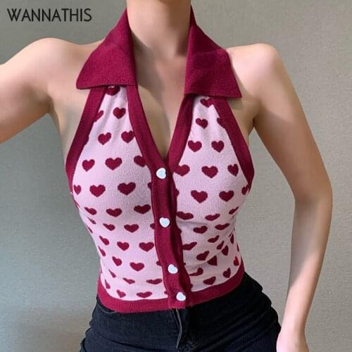 WannaThis V-Neck Sleeveless Tank Top Women Button Love Pattern Sexy Backless Turn-Down Neck Crop Top Women Summer 2021 New Tops