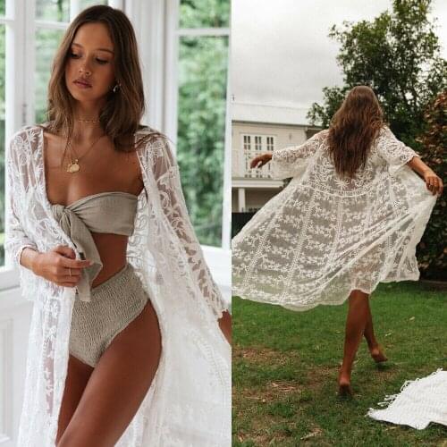 Women Lace Kimono Mesh Bikini Long Cover Up Cardigan Swimwear Beach Bathing Maxi Shirts