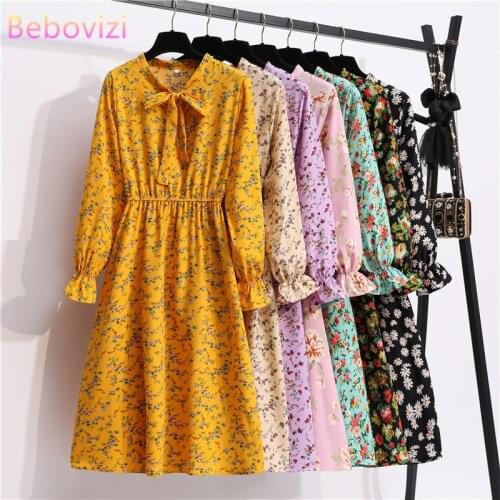 Fashion Yellow Pink White Blue Purple Green Floral Long Sleeve Bowknot Midi Dress Za Women 2020 Summer Birthday Casual Clothes