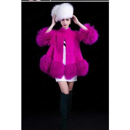 Genuine real natural rabbit fur coat withMongolia Sheep Fur hem and sleeve women long fashion jacket winter lamb fur waistcoat