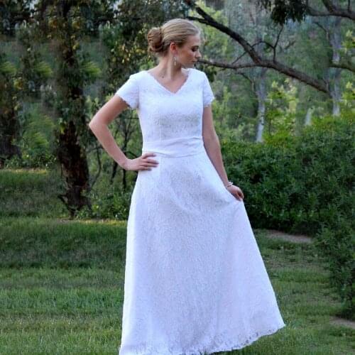 Plus Size V-neck Short Sleeves White Lace Floor Length Wedding Dress Full Back with Lace Up Design Bridal Dresses
