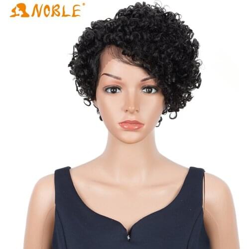 Noble girl Kinky Curly Synthetic Lace Wigs For Black Women Natural Bouncy Curly Brown 1B Short Lace Wigs High Temperature Hair