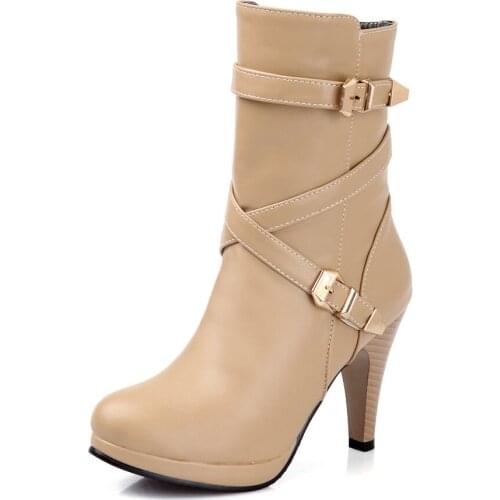 Big Size Fashion of Button Boots with Round Head, High heel, Side Zipper and Cross Belt Buckle in Europe and America