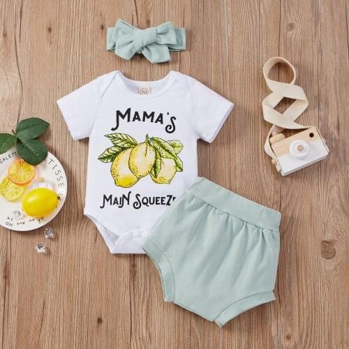 Kids 3pcs Cotton Summer Set For Baby Boys Girls Letter Lemon Print Short Sleeve Romper+ Solid Short Pants+ Headband 0-24 Months