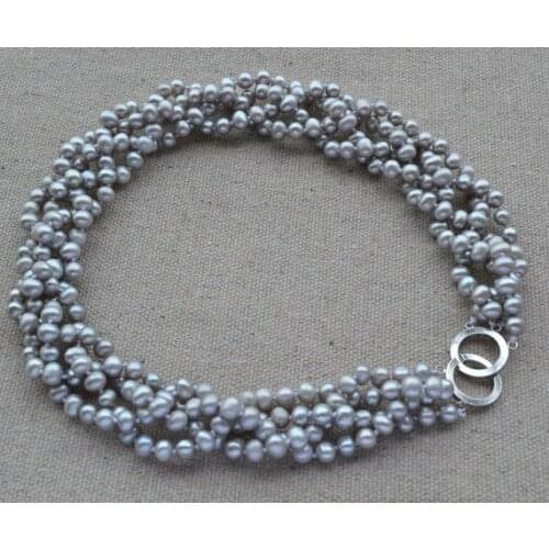 Perfect Pearl Necklace ,Charming Gray Color 100% Real Freshwater Pearl Necklace, AAA 6-7MM 4Rows 18 inches Handmade Jewelry
