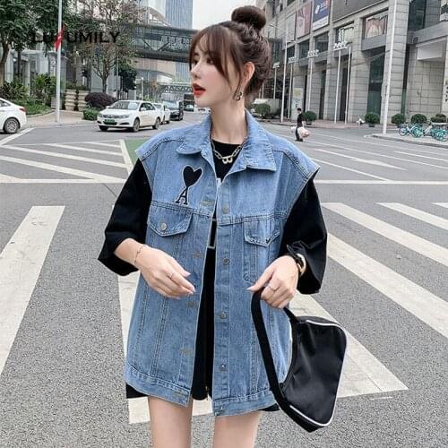 Lusumily Women Denim Vest Simple Waistcoat Autumn Female Loose Sleeveless Embroidery Jacket Casual Sleeveless Cowboy Outwear