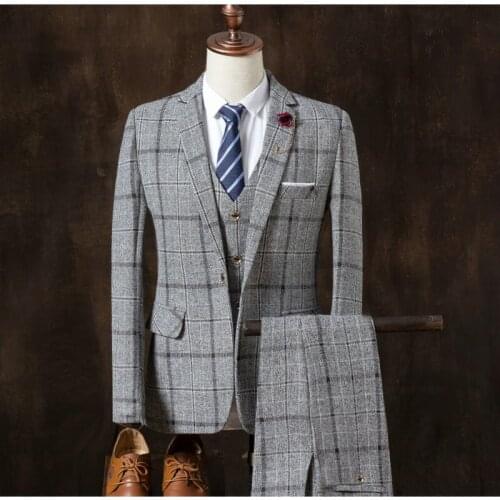 Jacket+Pants+Vest Classic Light Grey Plaid Men Suit Slim Fit Wedding Groom Wear Suit For Men Gentlemen Costume Marriage Tuxedo
