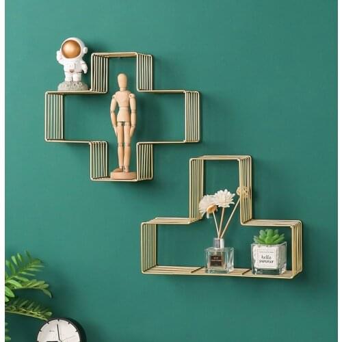 Simple and Creative Wrought Iron Geometric Wall Shelf Home Decorative Living Room Bedroom Wall Decoration Free Perforated Shelf