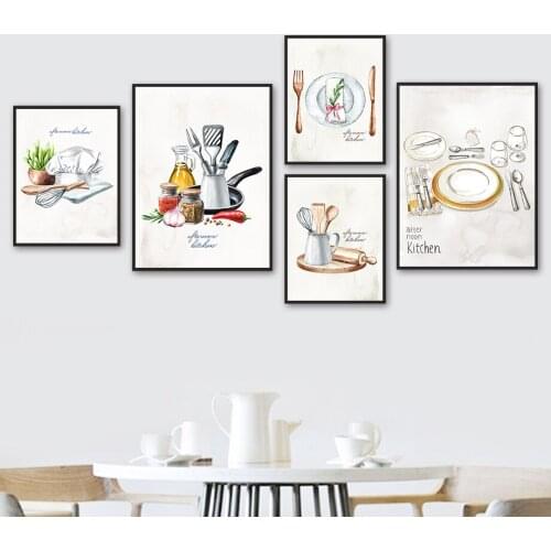 Modern Watercolor Seasoning Kitchen Tools Wall Art Canvas Painting Nordic Posters And Prints Wall Pictures For Dining Room Decor