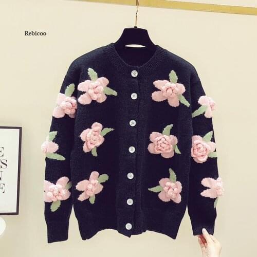3D flower embroidery sweater women spring and autumn new loose vintage handmade crochet knitted cardigan jackets