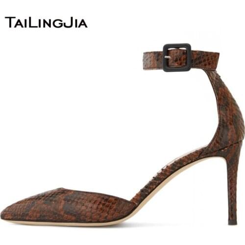 Pointed toe Pumps High Heels for Women Snake Print Ankle Buckle Strap Stiletto Heel Sexy Party Dress Shoe Large Size New Arrival