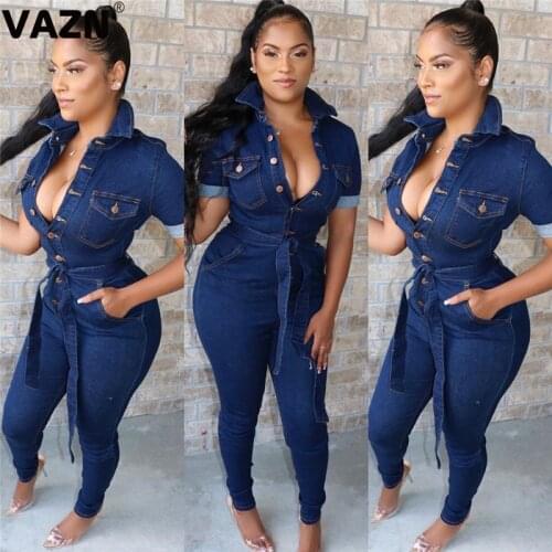 VAZN WYNZ8219 new product 2019 summer drak blue lady jumpsuit short sleeve V-neck jumpsuit sexy wide colorful jumpsuit