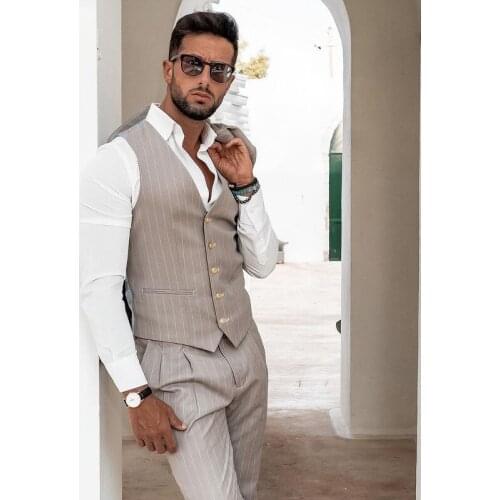High Quality Khaki Double Breasted Mens Tuxedos Pinstripe Three Pieces Business Prom Suits (Jacket+Vest+Trouse)