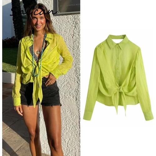 Za Green Backless Blouse Women Sexy Summer Long Sleeve Knots Bandage Fashion Shirts Vintage Chic Tops Chemise Femme 2021 Blusa