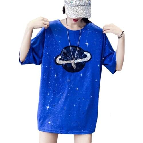 Zuolunouba 2020 Summer Women T Shirt Metallic Sequins Geometric Starry Sky Earth Female Tees Tops Loose Lady Mid-length T-shirt