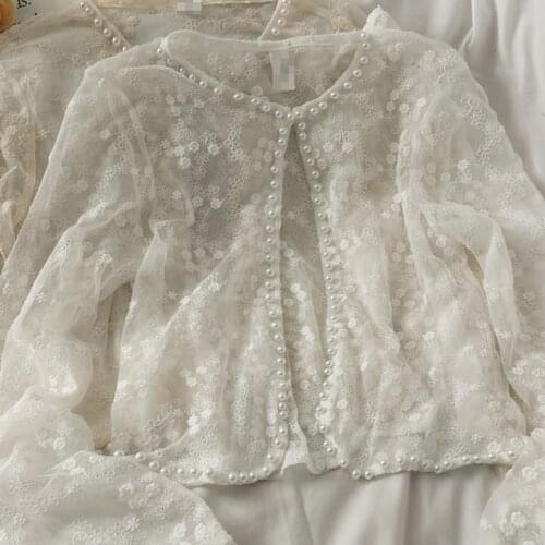 Women Summer Thin Blouse 2021 Design New Chic Beading See Through Long Sleeve Casual White Cardigan Stylish Floral Shirts